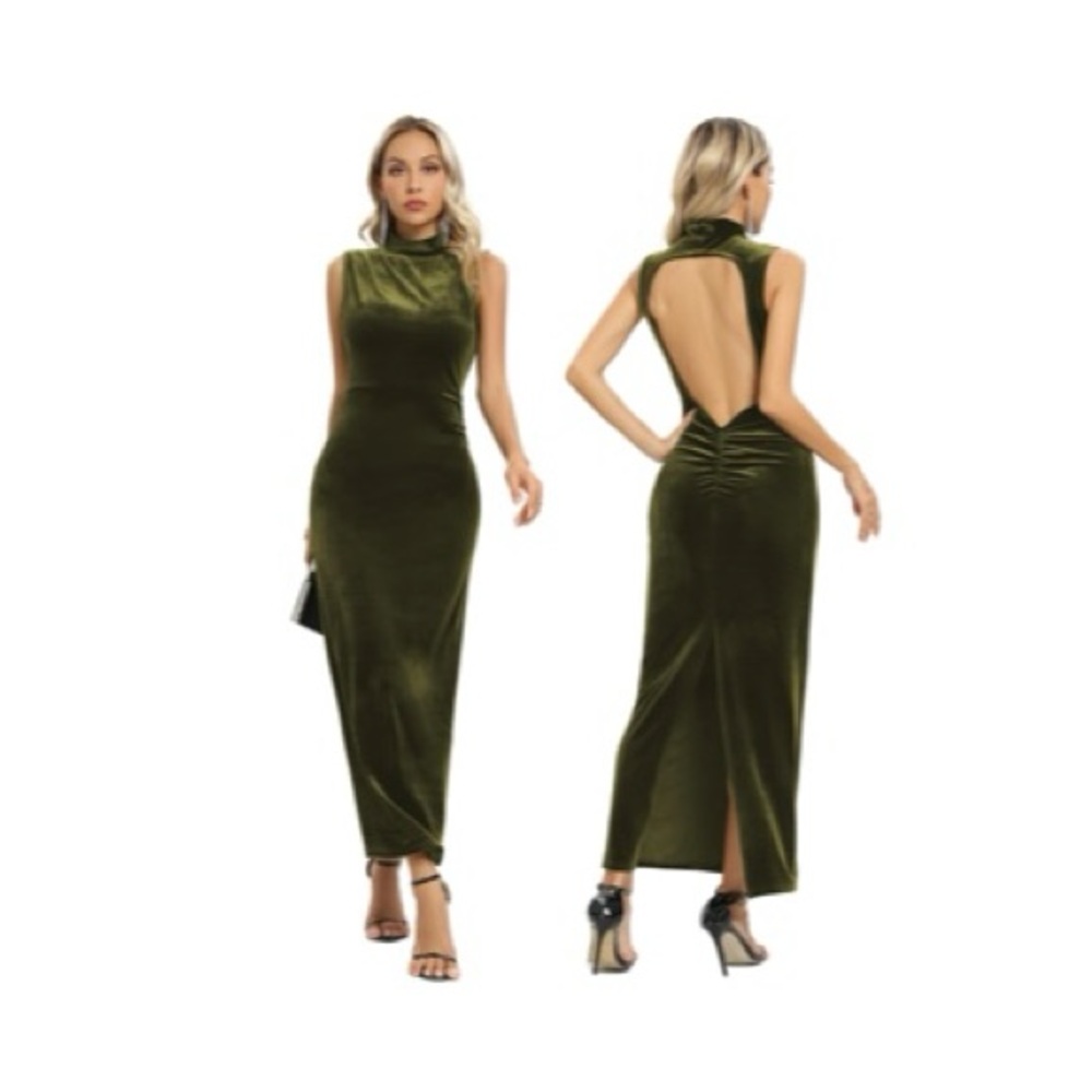 Elegant Olive Green Velvet Maxi Dress